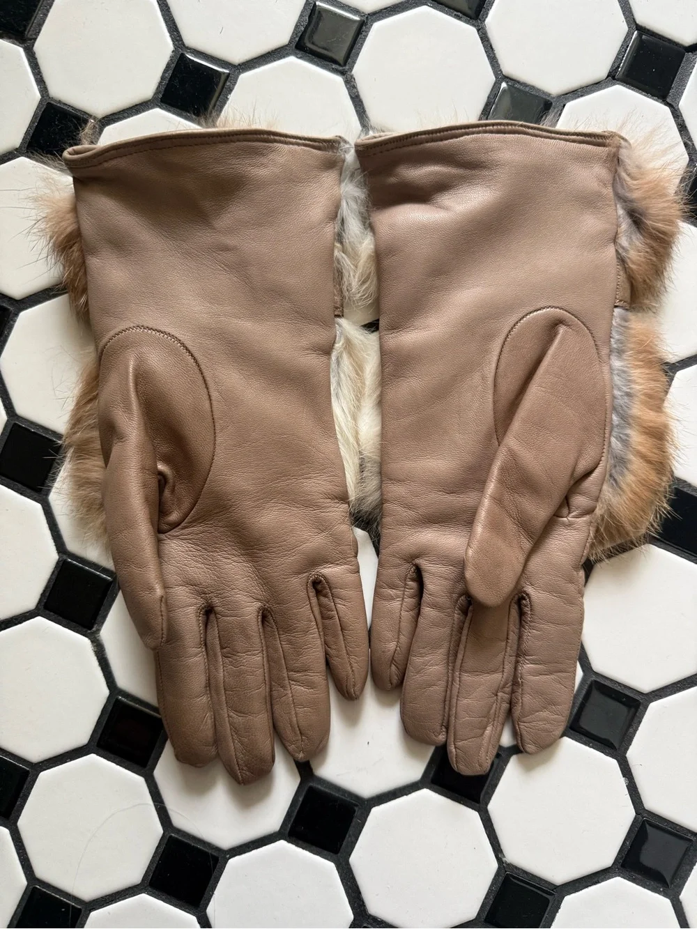 Vintage Rabbit fur leather gloves size 7 100% cashmere lining Made in Italy